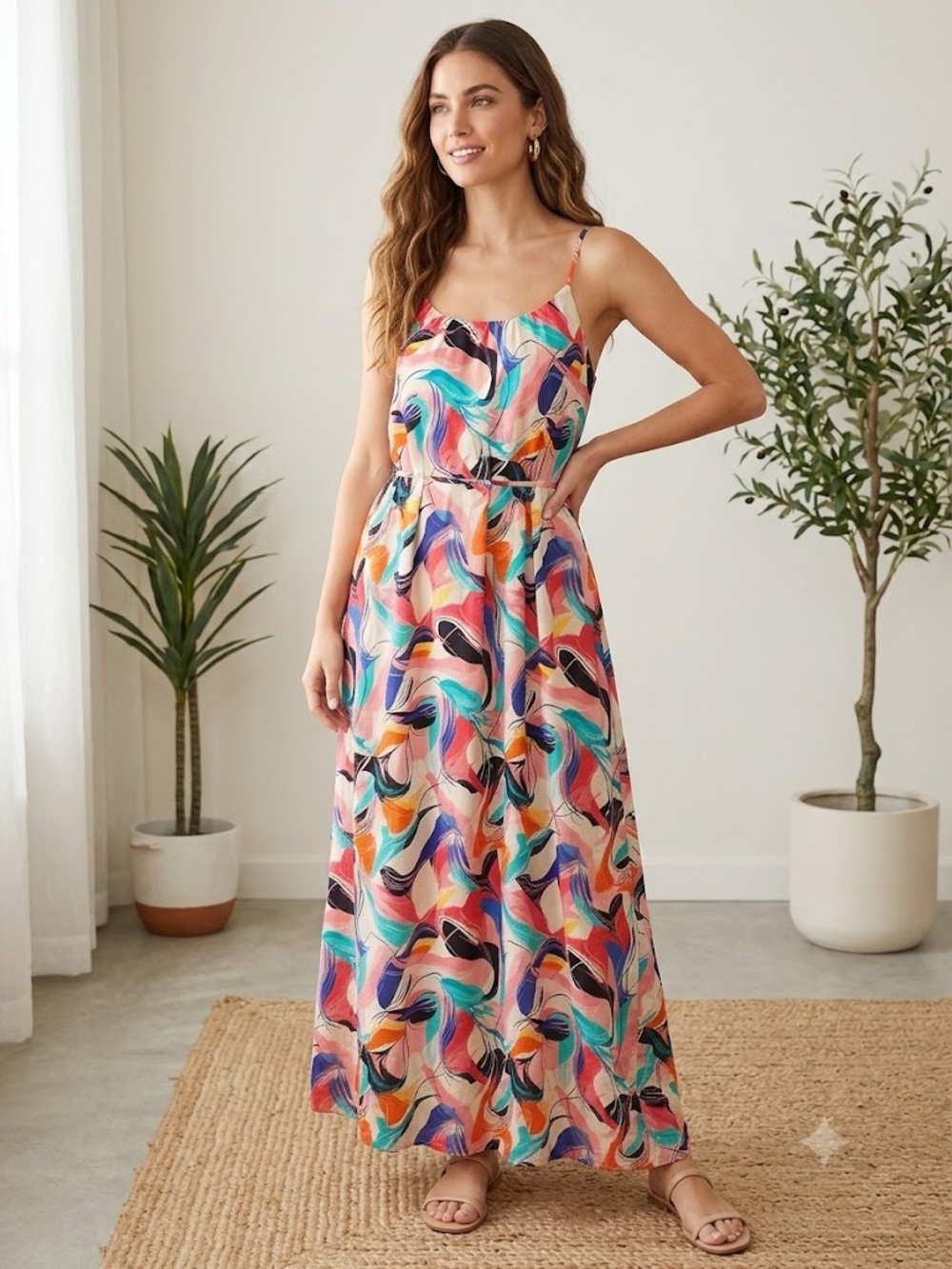 Sam Edelman Multicolor Wave-Print Spaghetti-Strap Maxi Dress